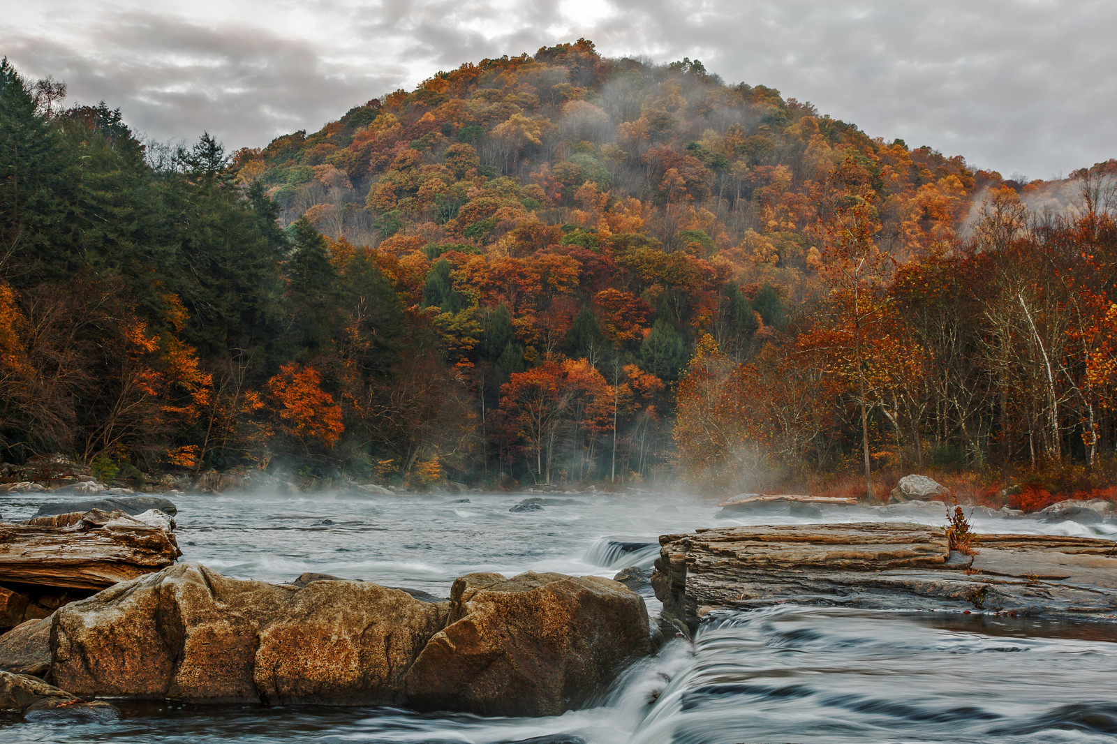 autumn, forest, the sky, river, stones, clouds, mountains