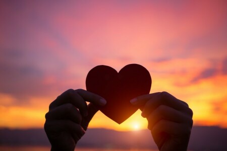 hands, heart, love, purple, romantic, sunset