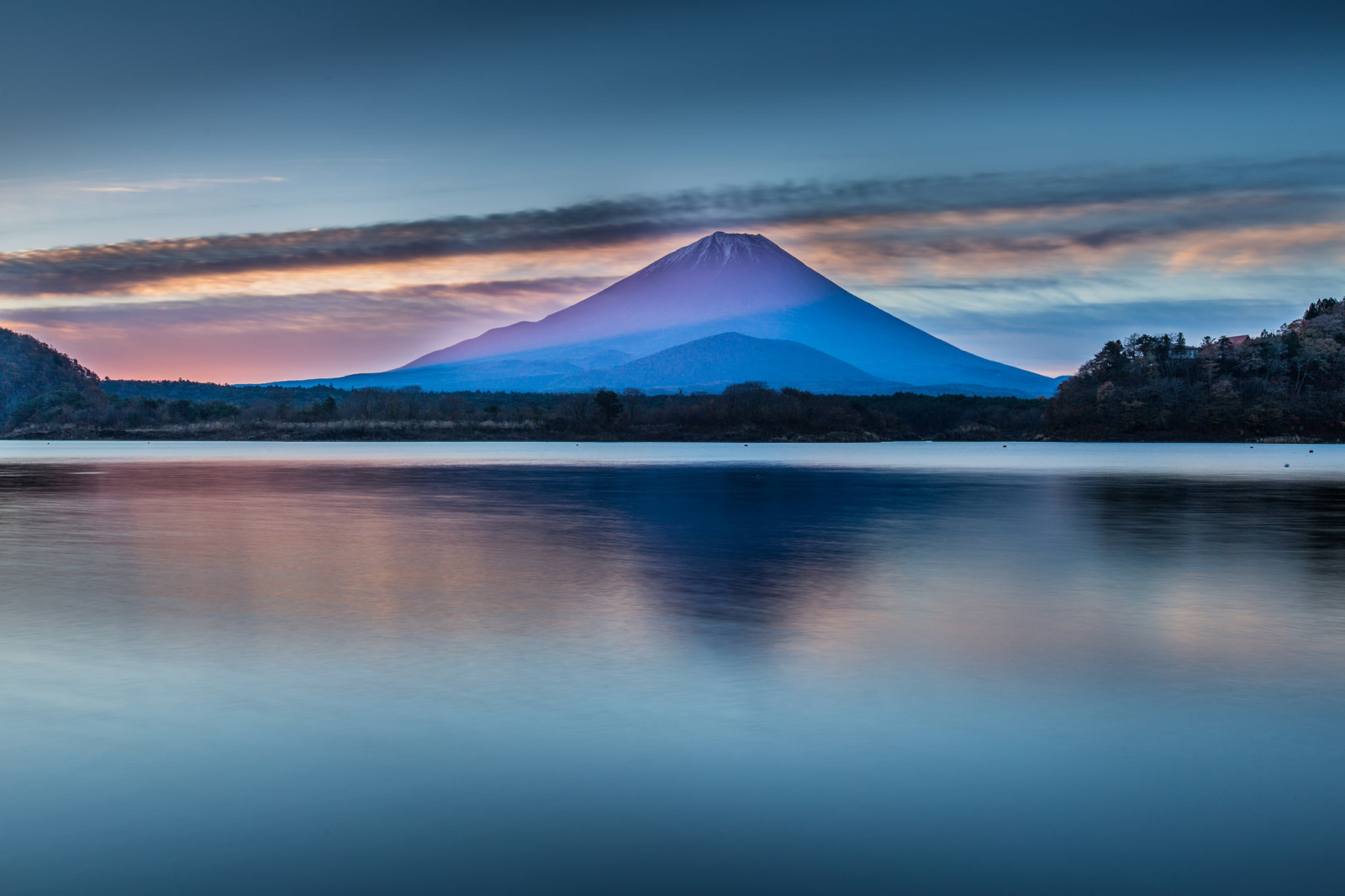 небо, гора, озеро, пейзаж, деревья, Япония, поверхность, Fuji