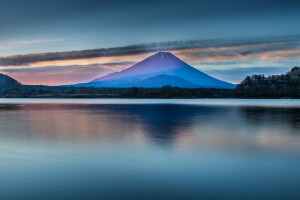 Fuji, Japonia, jezioro, krajobraz, Góra, powierzchnia, niebo, drzewa