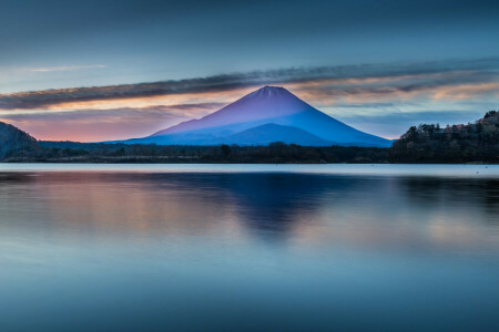 Fuji, Япония, озеро, пейзаж, гора, поверхность, небо, деревья