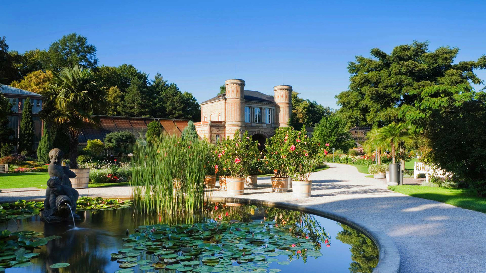 flowers, Germany, Baden-Württemberg, pool, fountain, Karlsruhe