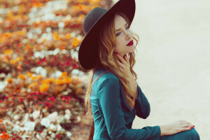 coat, dress, face, girl, hair, hat, lipstick, look