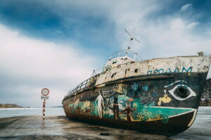 river, ship, Sign