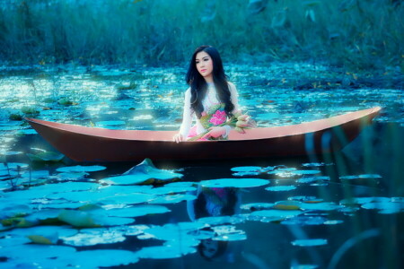 asian, boat, girl, lake