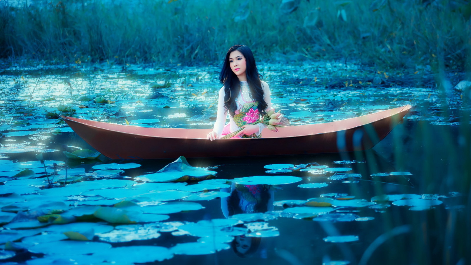 lake, girl, boat, asian