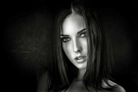 Alla Berger, black background, eyes, face, girl, look