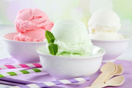 ice cream, Mint leaves, spoon, summer