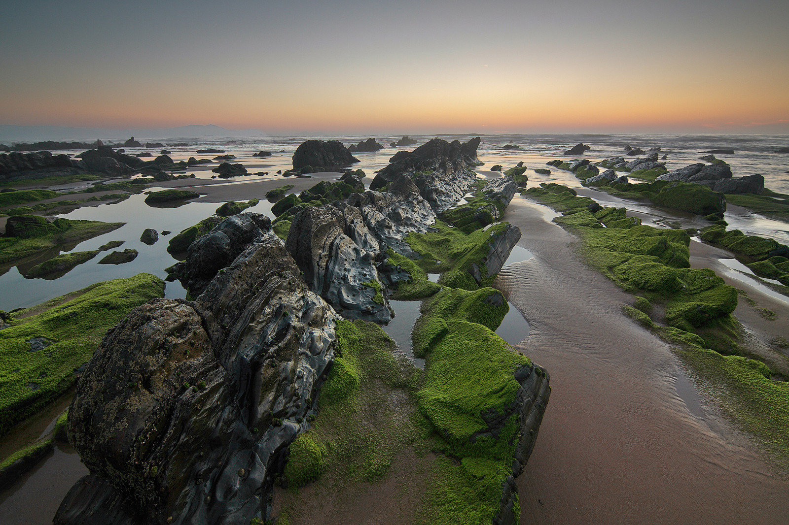 der Himmel, Sonnenuntergang, Steine, Meer, Felsen, Horizont, Algen, Tide