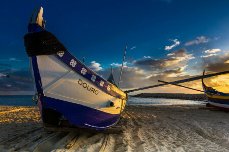 playa, barco, costa, mar, puesta de sol