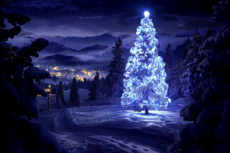 Christmas, home, landscape, lights, mountains, nature, New Year, night