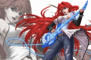 aozaki aoko, sztuka, feitie, dziewczyna, gitara, dżinsy, czerwony, shingetsutan tsukihime