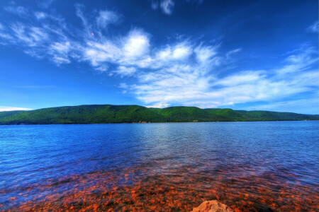 clouds, color, forest, mountains, sea, stones, the sky