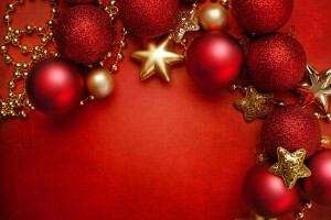 balls, Christmas, decoration, Merry, New Year, red, stars