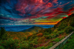 nubes, resplandor, montañas, puesta de sol, el cielo, arboles