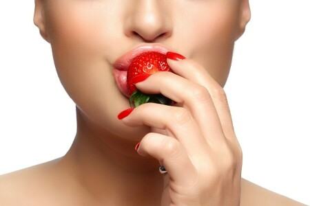 background, face, girl, hand, lips, strawberry