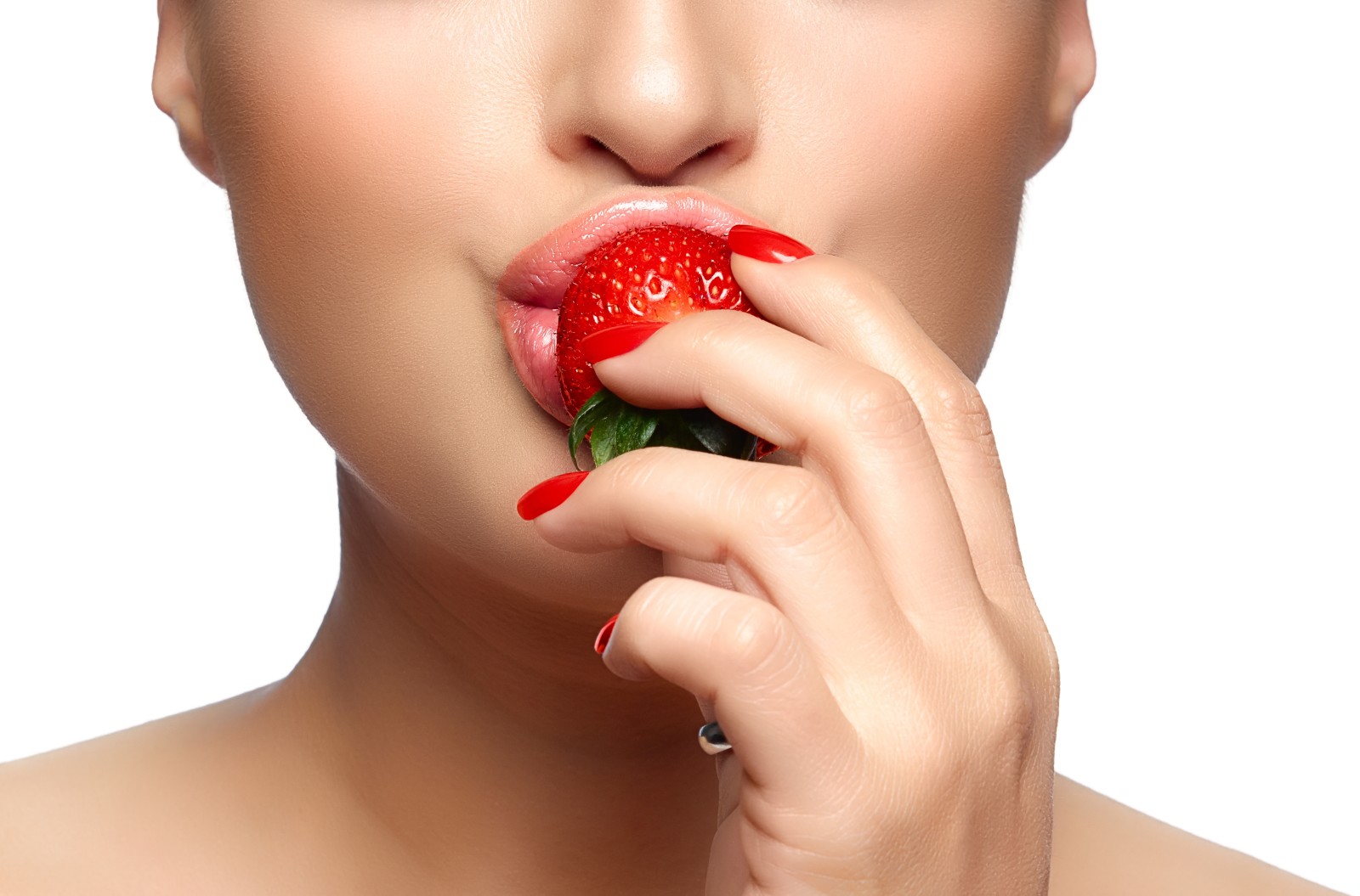 background, face, hand, girl, lips, strawberry