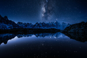 lago, specchio, montagne, riflessione, spazio, stelle, la via Lattea