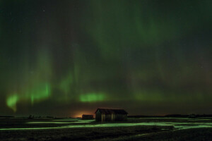 Finlanda, casă, noapte, Auroră boreală, stele