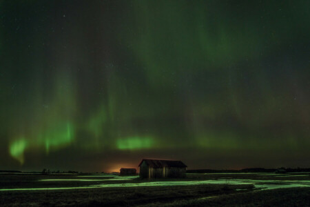 Finlândia, casa, noite, Aurora boreal, estrelas