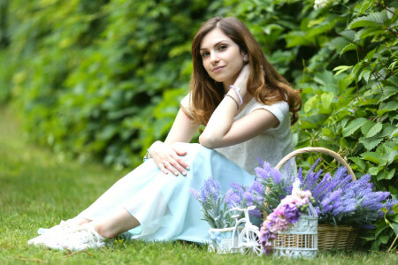 brown hair, dress, flowers, mood, smile