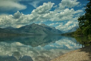 mraky, ľadovec, Ľadovec Národný park, jazero, Lake McDonald, Montana, hory, odraz