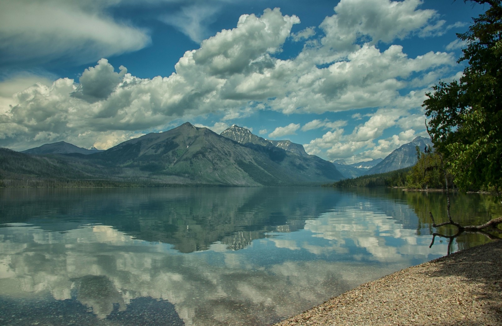 sjö, Strand, reflexion, moln, bergen, glaciär, Montana, Glacier National Park