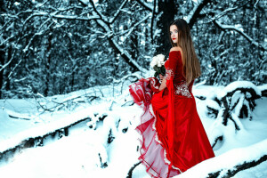 ramo de flores, Rojo frio, vestir, bosque, niña, en rojo, rosas, nieve