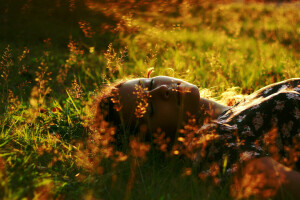 field, girl, nature, stay