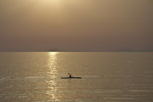 barco, lago, noite