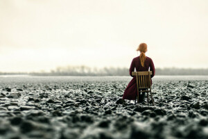 terres arables, chaise, fille, Inna Mosina, neige