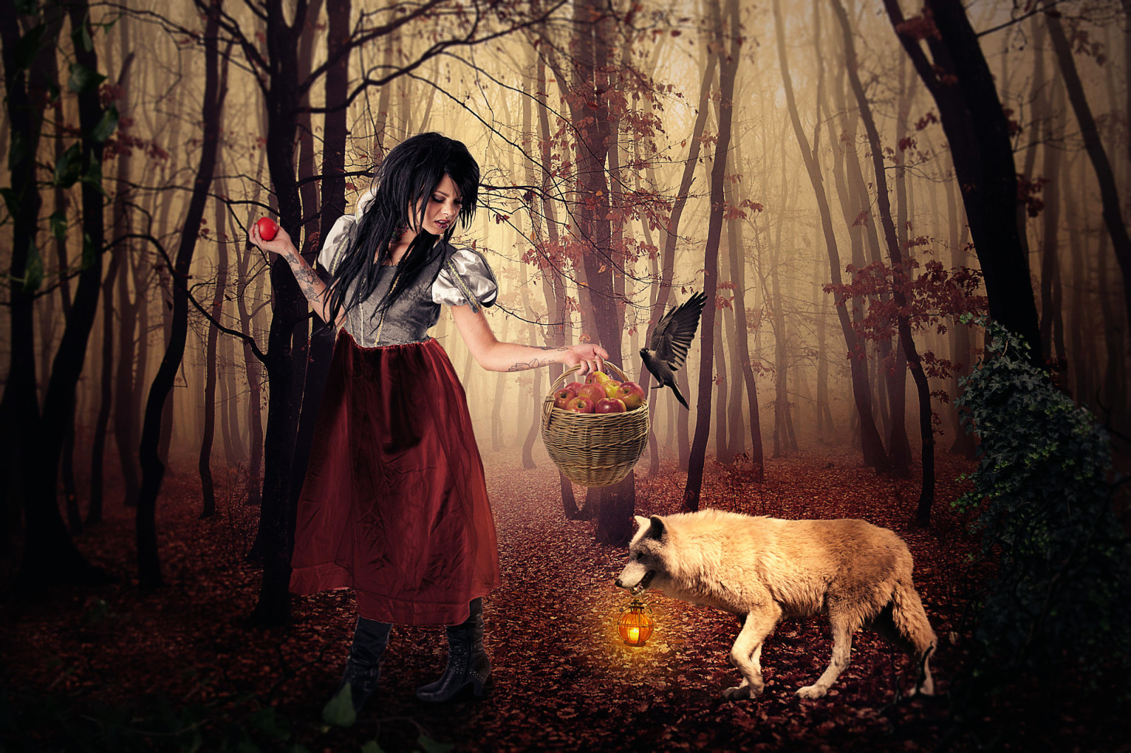 forest, girl, apples, wolf, basket