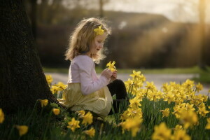 fleurs, fille, printemps