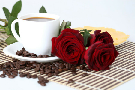 fromage, café, tasse, grain, assiette, rouge, des roses, soucoupe