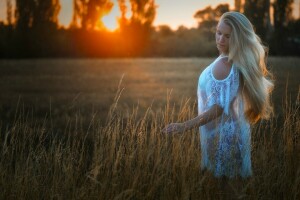 blonde, field, mood, sunset