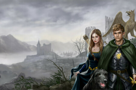 arrows, art, castle, cloak, dog, girl, Griffin, guy