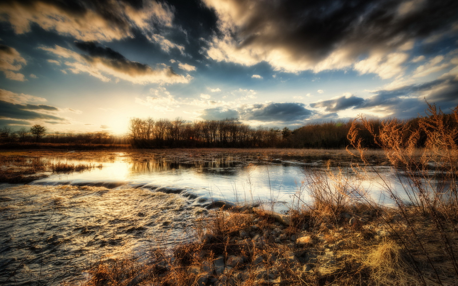 fiume, tramonto, paesaggio