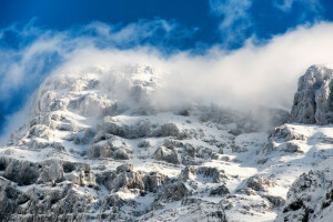 skyer, bjerge, sne, himlen