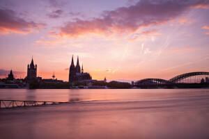 arkitektur, Bro, Köln, Tyskland, morgon-, flod, tempel