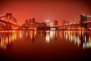 brooklyn, New York, notte, la città, Due ponti