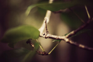 branches, tour Eiffel, figure, feuilles, suspension