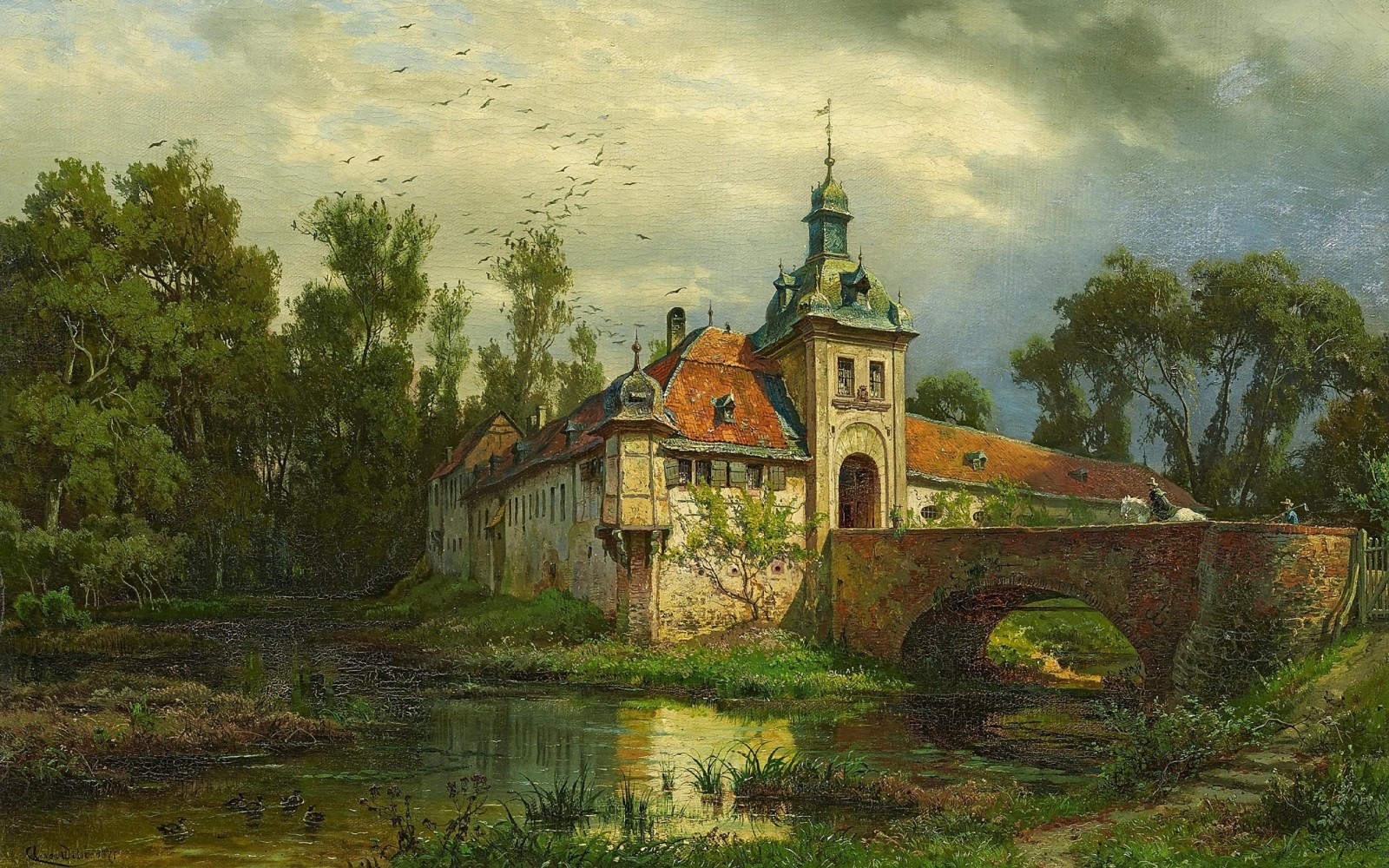 olajfestmény, Német tájfestő, 1871, Augusztus Levin von Villa, August von Villa, A lóháton történő megtérülés