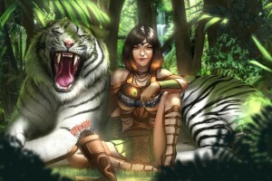 art, forêt, fille, jungle, Kiera, tigre, tigre blanc