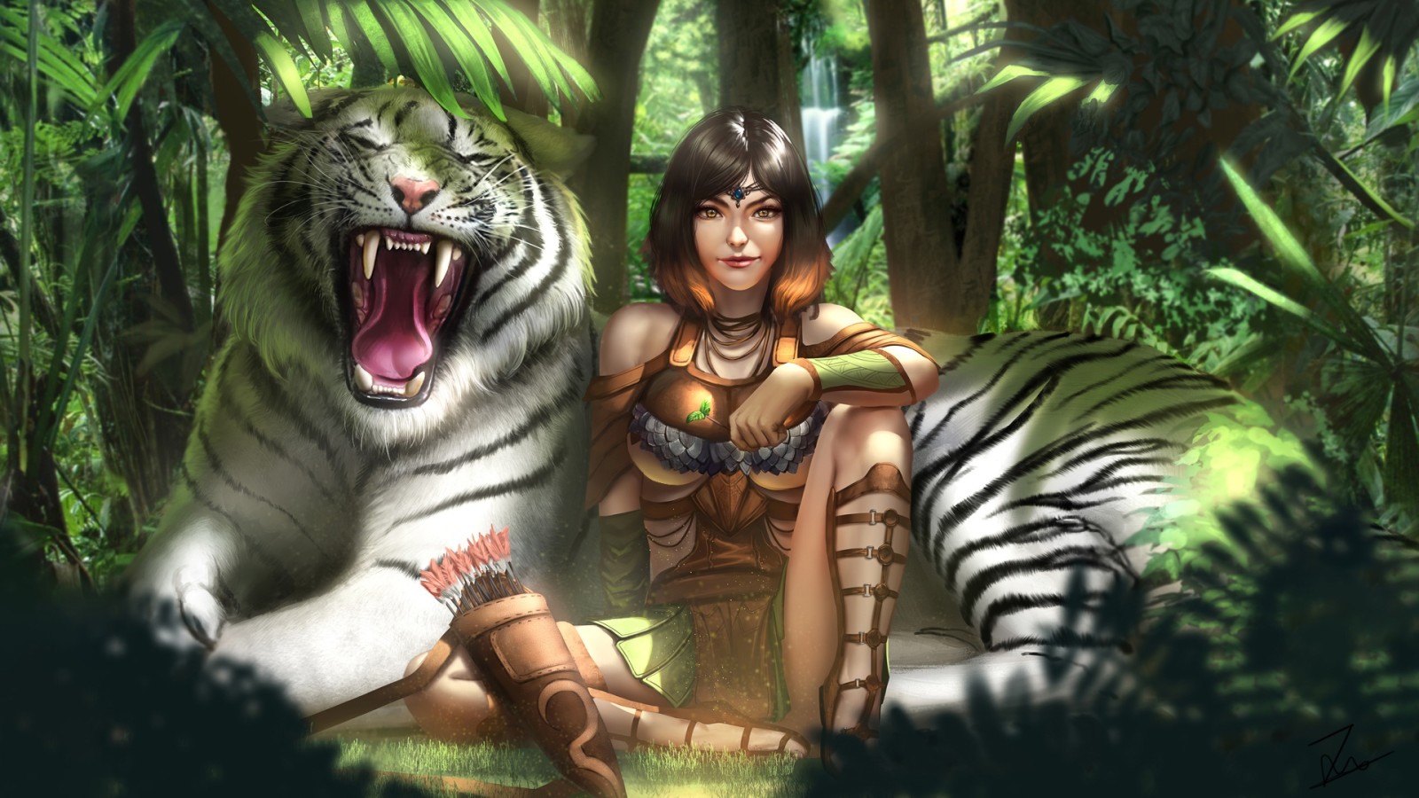 forest, girl, art, tiger, jungle, white tiger, Kiera