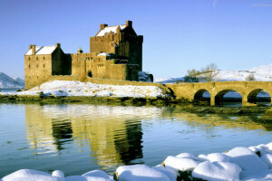 Pont, Château, rivière, neige, Le ciel, hiver