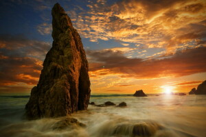 spiaggia, rocce, mare, tramonto