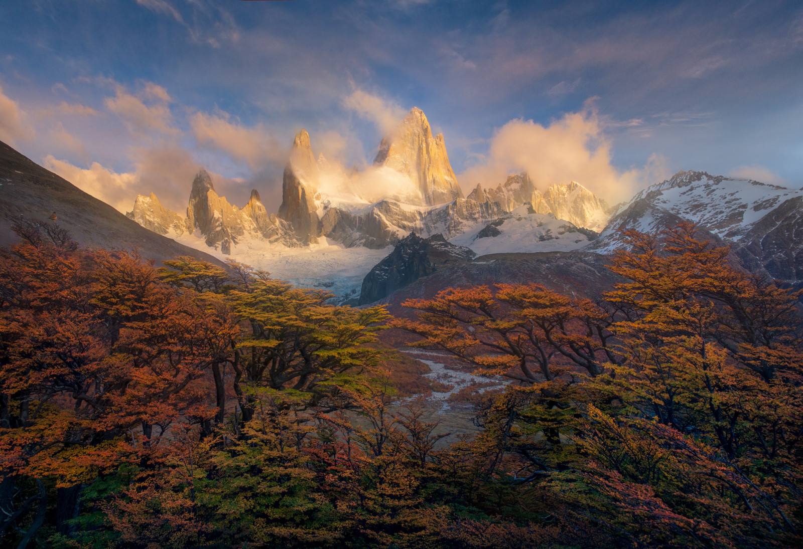 autumn, trees, morning, mountains, paint, Patagonia, peaks, Andes