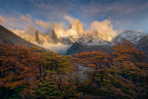 Andes, autumn, morning, mountains, paint, Patagonia, peaks, South America