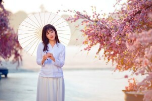 asiatique, fille, parapluie