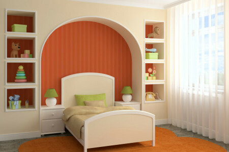 cama, quarto, interior, foto, brinquedos